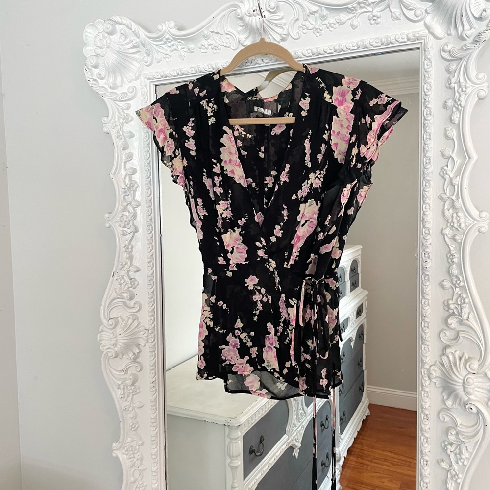 Reformation Black and Pink Floral Blouse